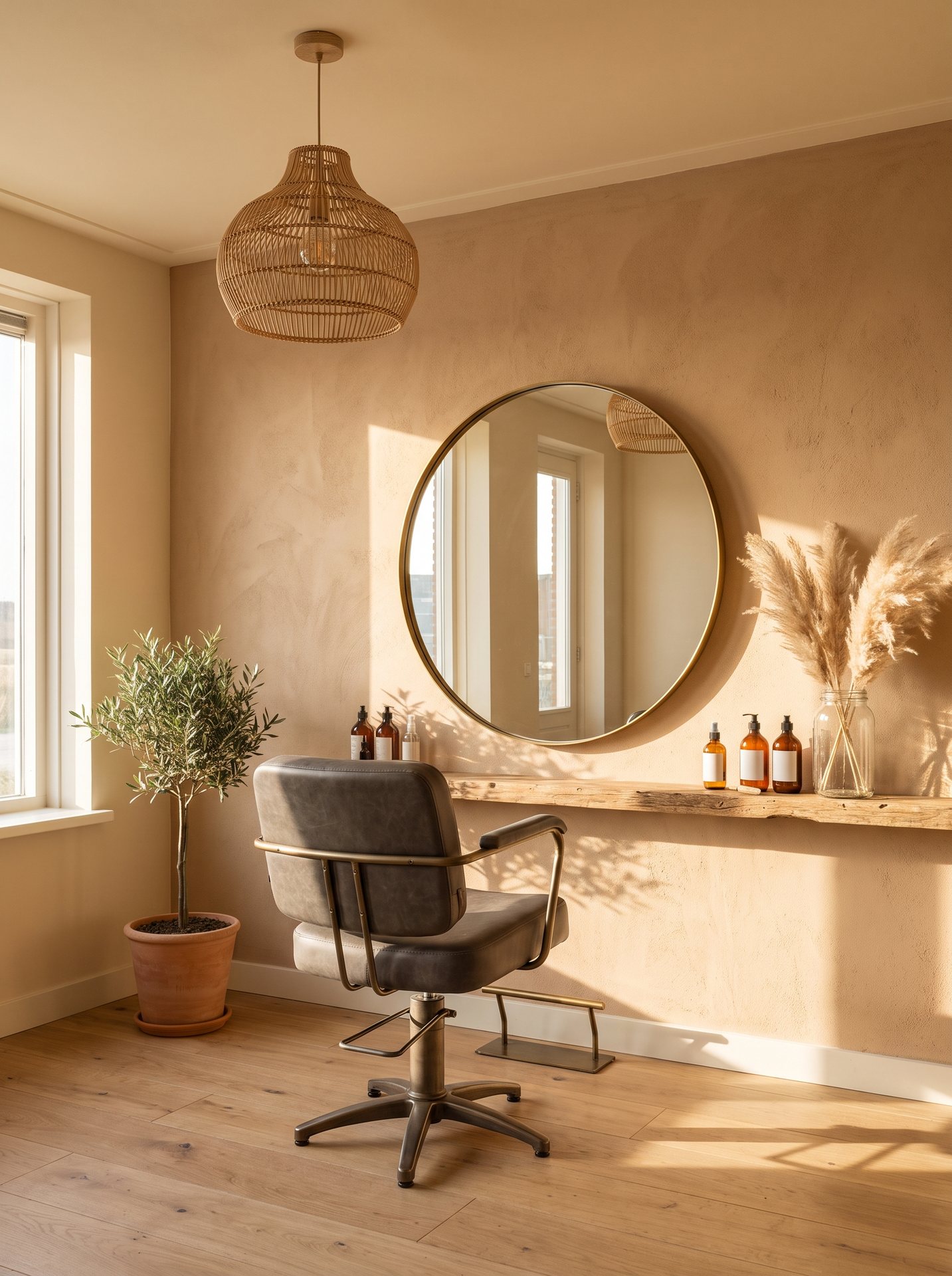 Lichte, elegante kapsalon met brass-spiegels, een plum-roze accentmuur en verse bloemen op de toonbank